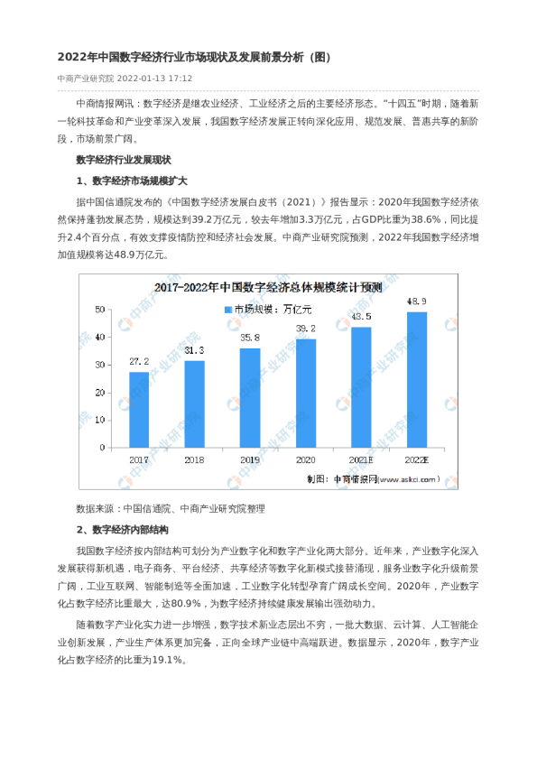 2022年中国数字经济行业市场现状及发展前景分析（图）