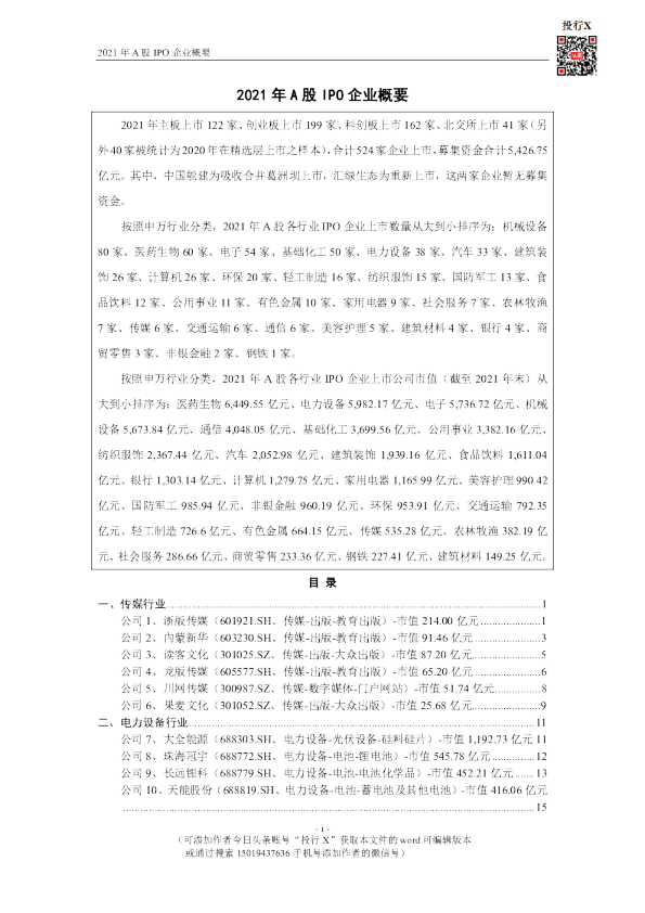 2021年A股IPO企业概要