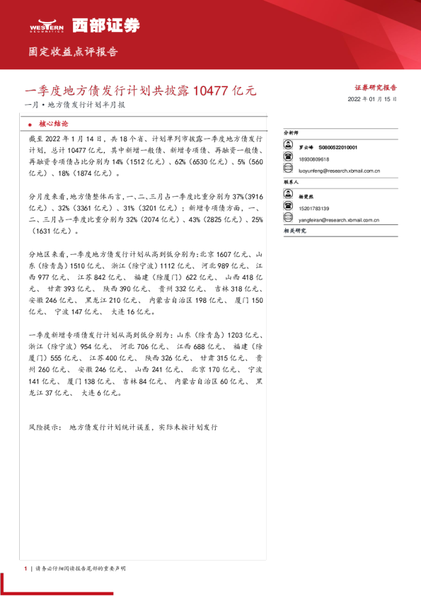 一季度地方债发行计划共披露10477亿元