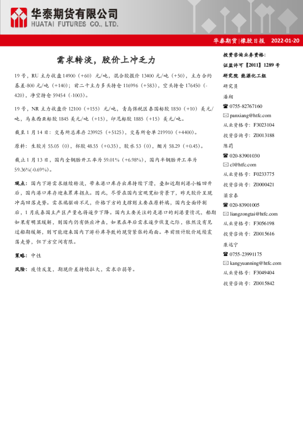 需求转淡，胶价上冲乏力