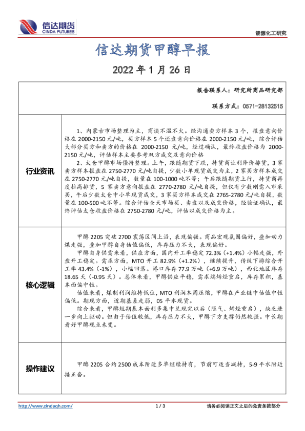 甲醇早报