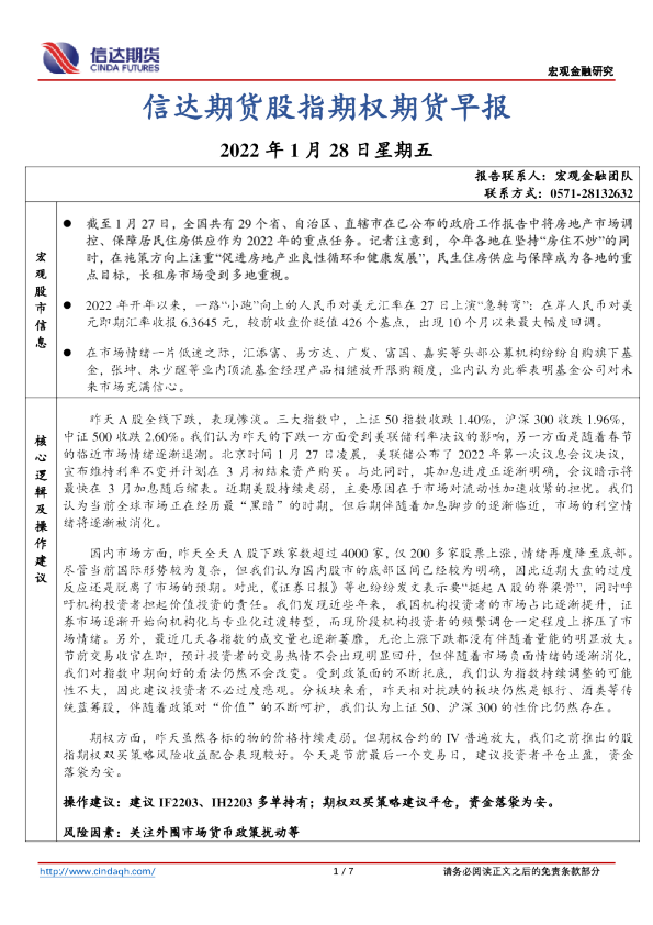 股指期权期货早报