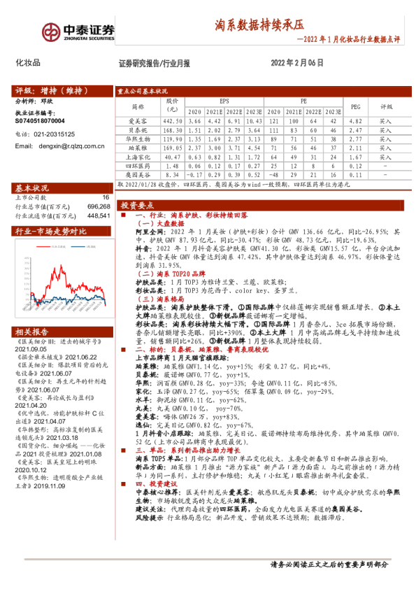 2022年1月化妆品行业数据点评:淘系数据持续承压