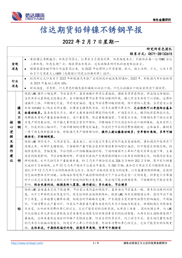 信达期货铅锌镍不锈钢早报
