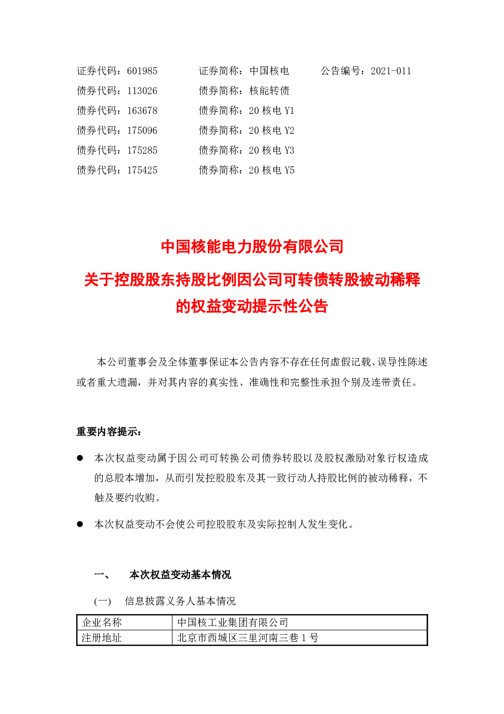 中国核能电力股份有限公司关于控股股东持股比例因公司可转债转股被动稀释的权益变动提示性公告
