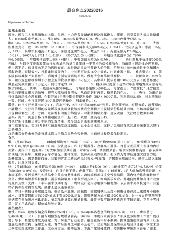 中财期货晨会焦点20220216