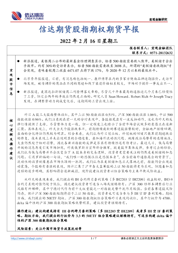 股指期权期货早报
