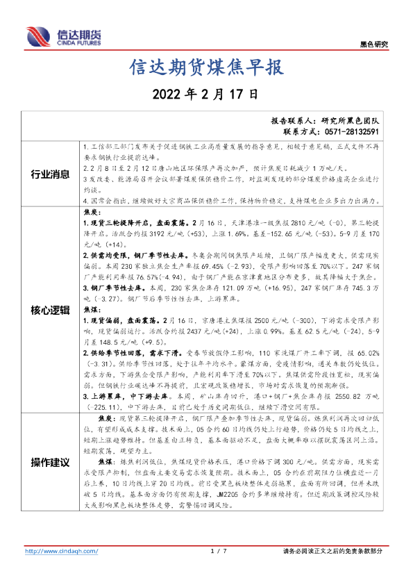 煤焦早报