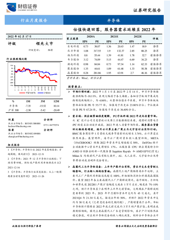 半导体行业月度报告：估值快速回落，服务器需求延续至2022年
