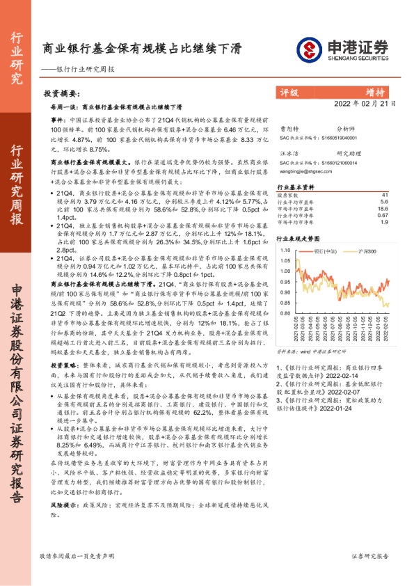 银行行业研究周报：商业银行基金保有规模占比继续下滑