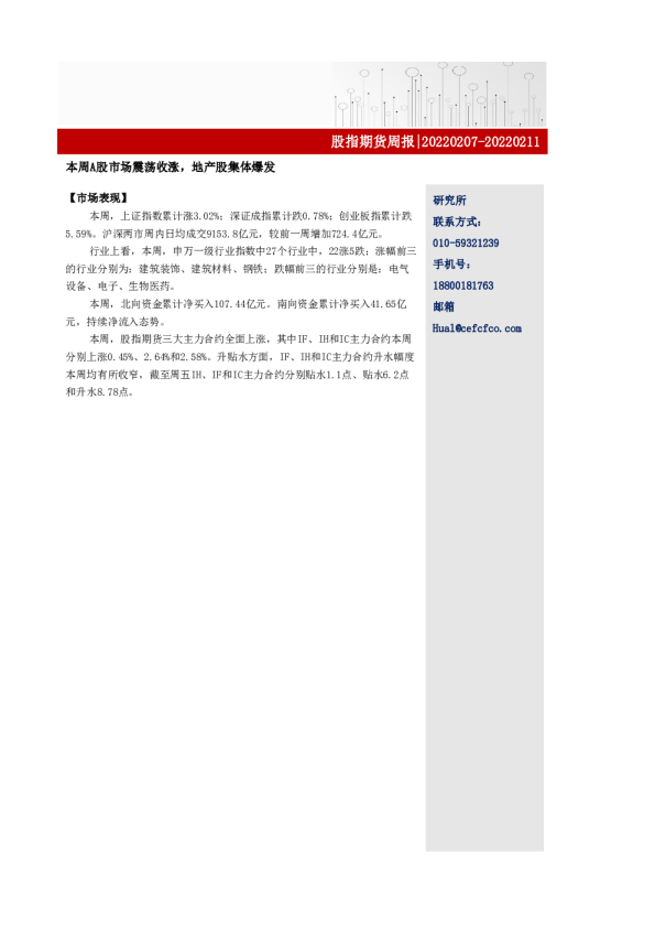 股指期货周报：本周A股市场震荡收涨，地产股集体爆发