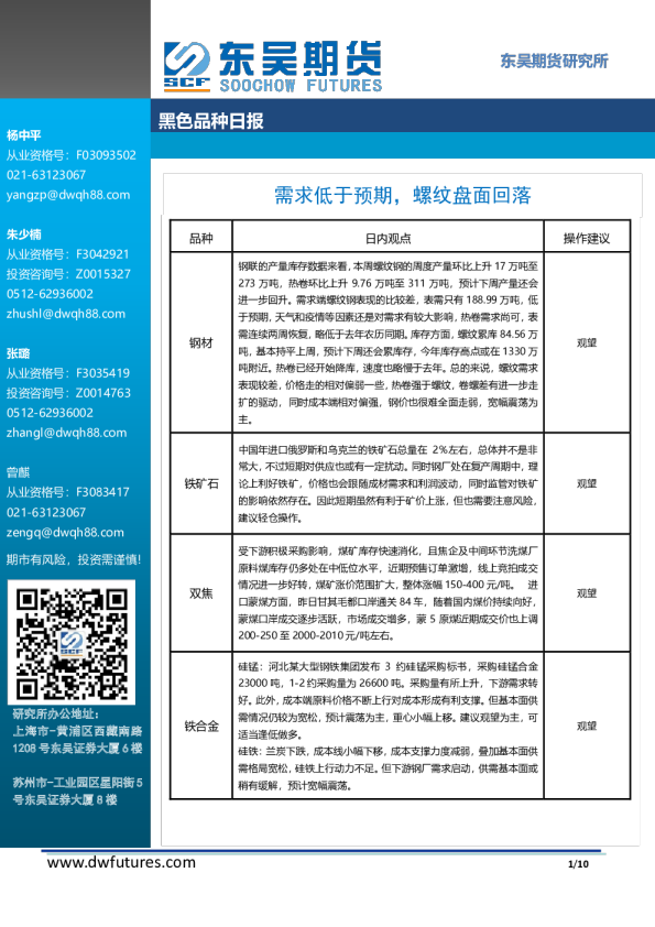 东吴期货黑色品种日报