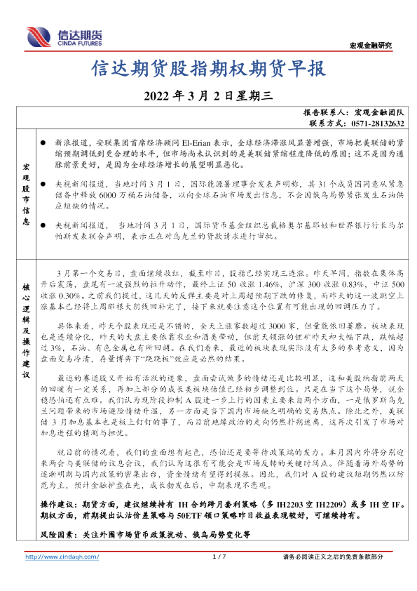 股指期权期货早报