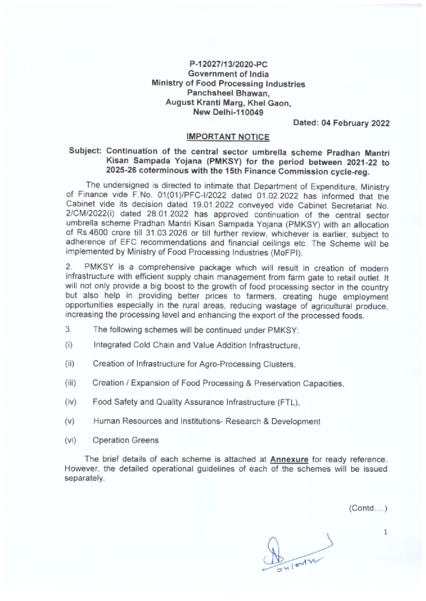 Continuation of the umbrella scheme Pradhan Mantri Kisan Sampada Yojana (PMKSY)…