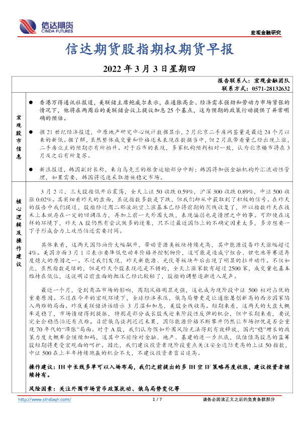股指期权期货早报