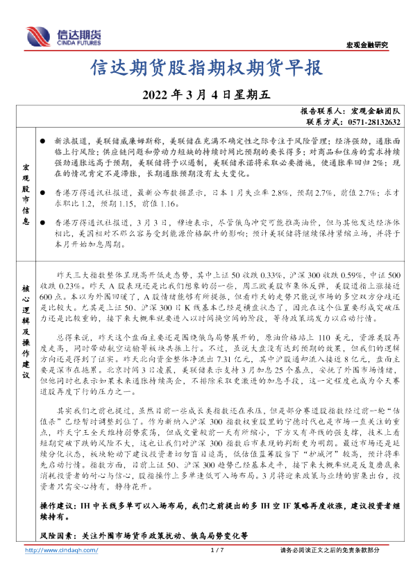 股指期权期货早报