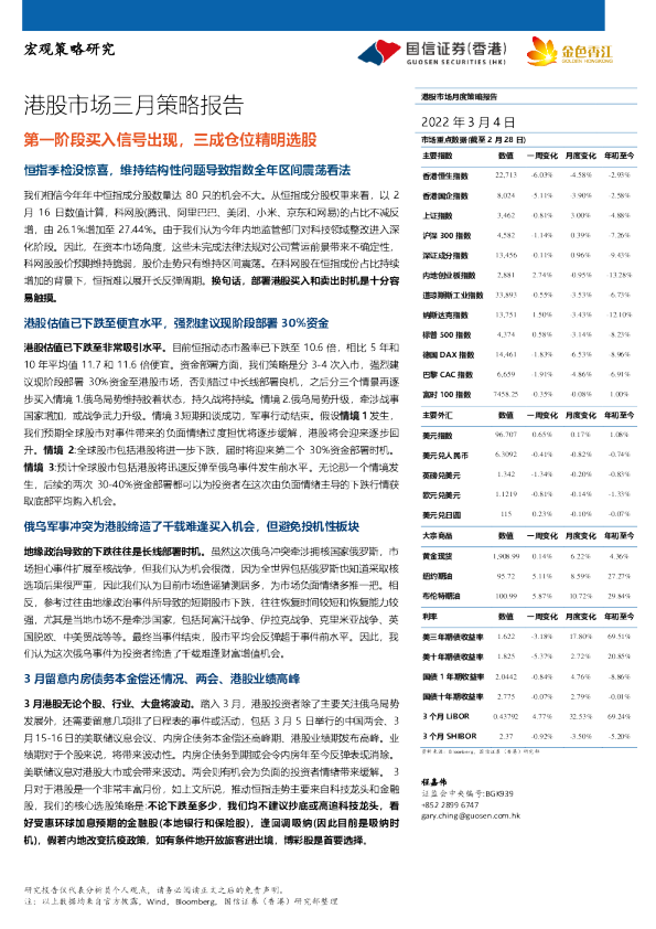 港股市场三月策略报告：第一阶段买入信号出现，三成仓位精明选股