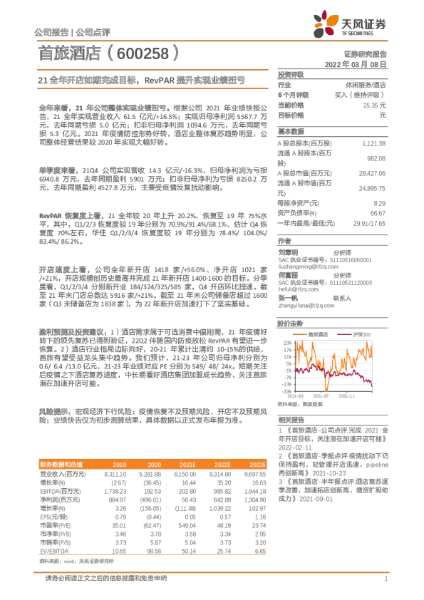 21全年开店如期完成目标，RevPAR提升实现业绩扭亏