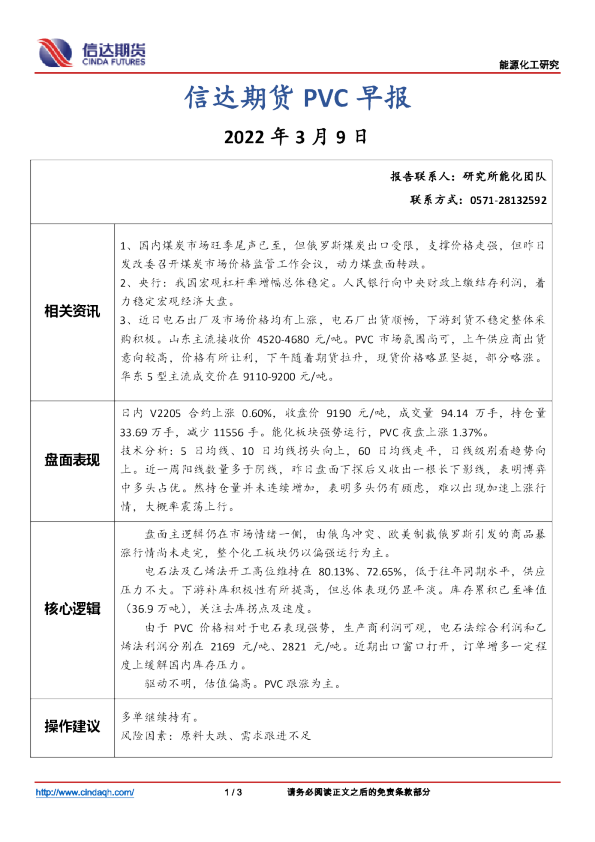 信达期货PVC早报