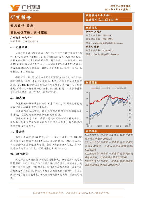 盘后日评：股指：指数破位下跌，保持谨慎