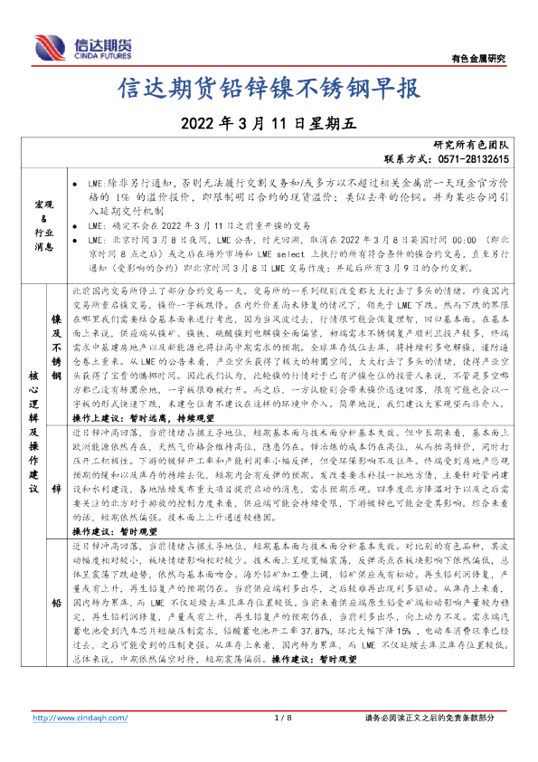 信达期货铅锌镍不锈钢早报