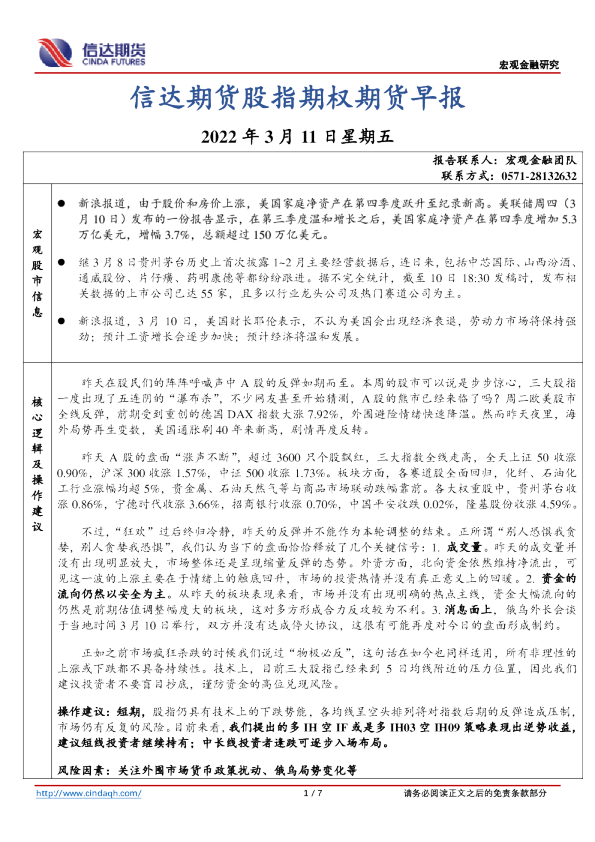 股指期权期货早报