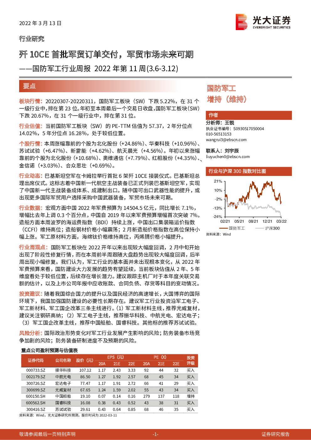 国防军工 2022 03 13 王锐 光大证券 别