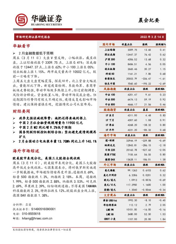 华融证券晨会纪要