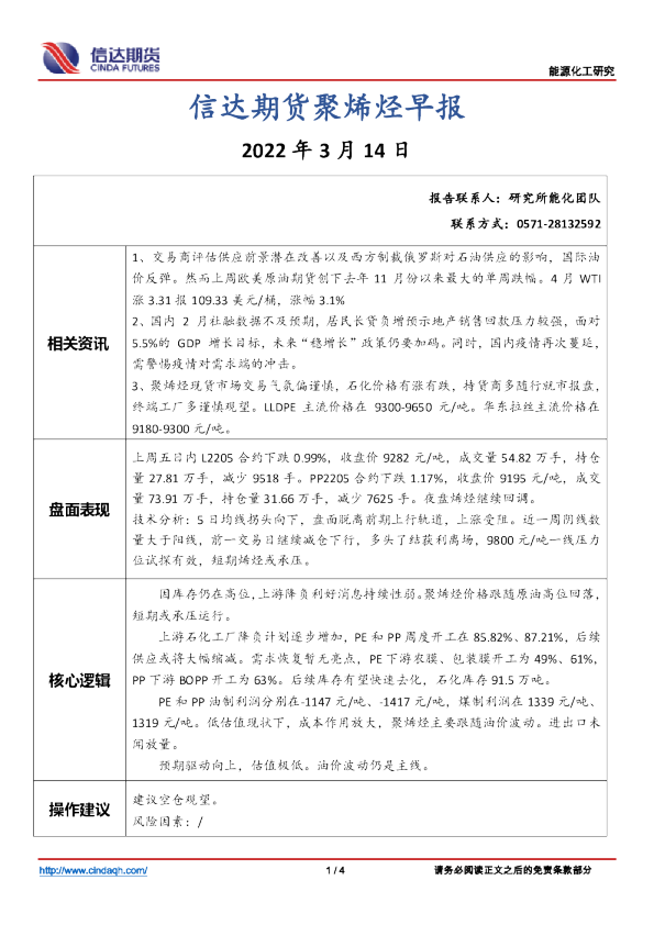 信达期货聚烯烃早报