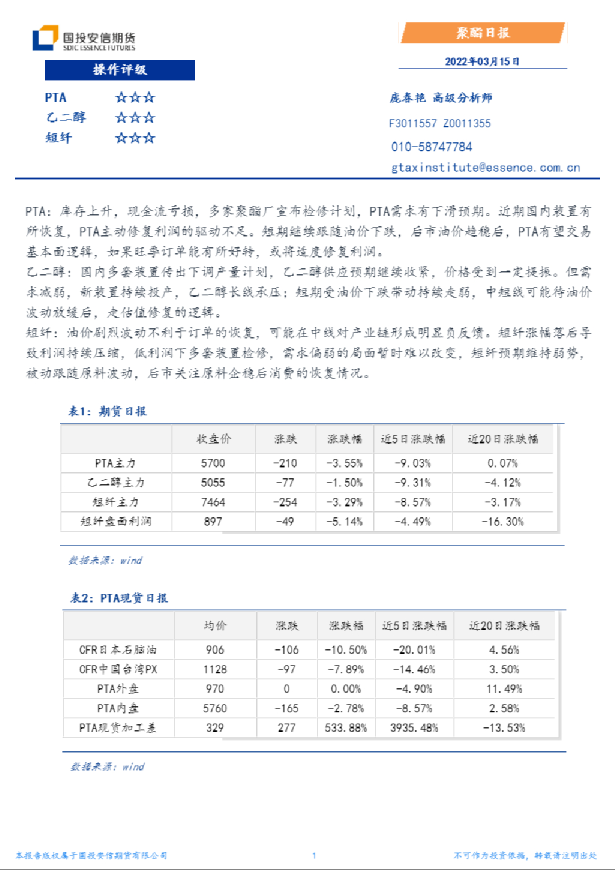 国投安信期货聚酯日报