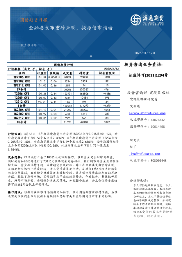 国债期货日报：金融委发布重磅声明，提振债市情绪
