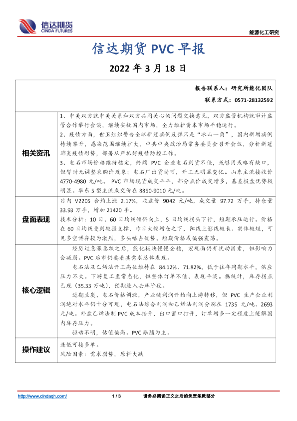 信达期货PVC早报