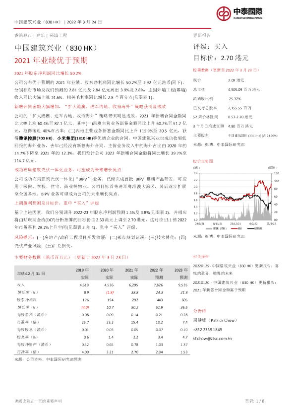 中国建筑兴业：2021年业绩优于预期