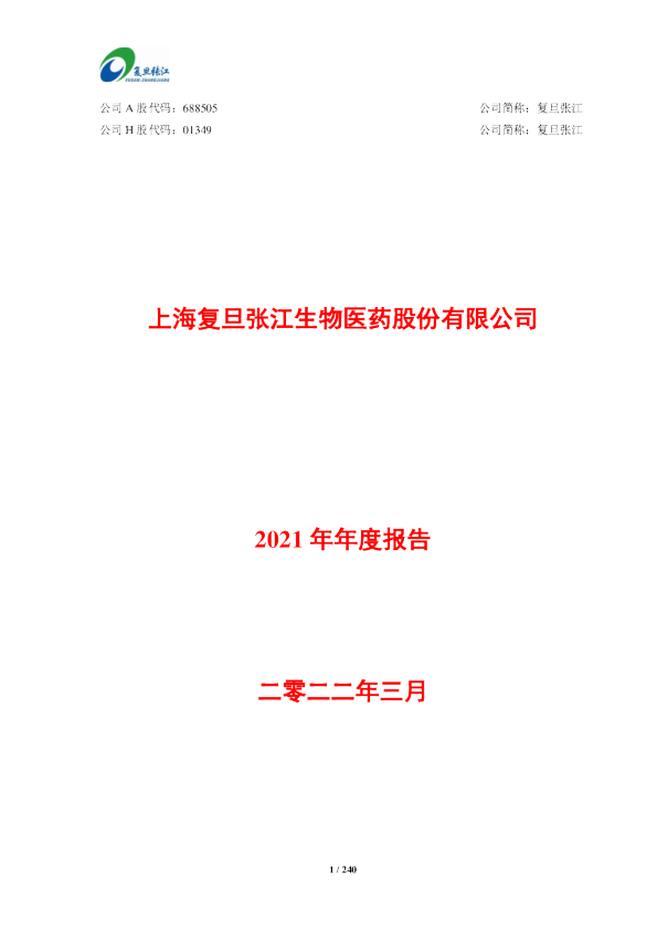 复旦张江：复旦张江2021年年度报告