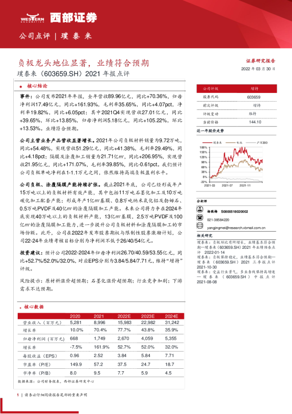 2021年报点评：负极龙头地位显著，业绩符合预期
