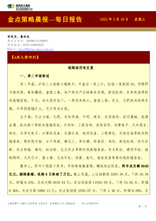 金点策略晨报—每日报告