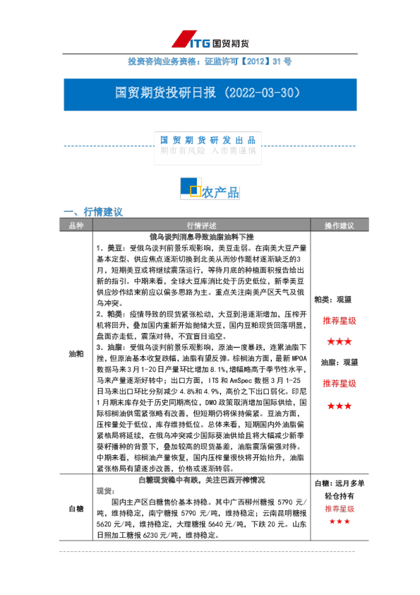 投研日报：农产品