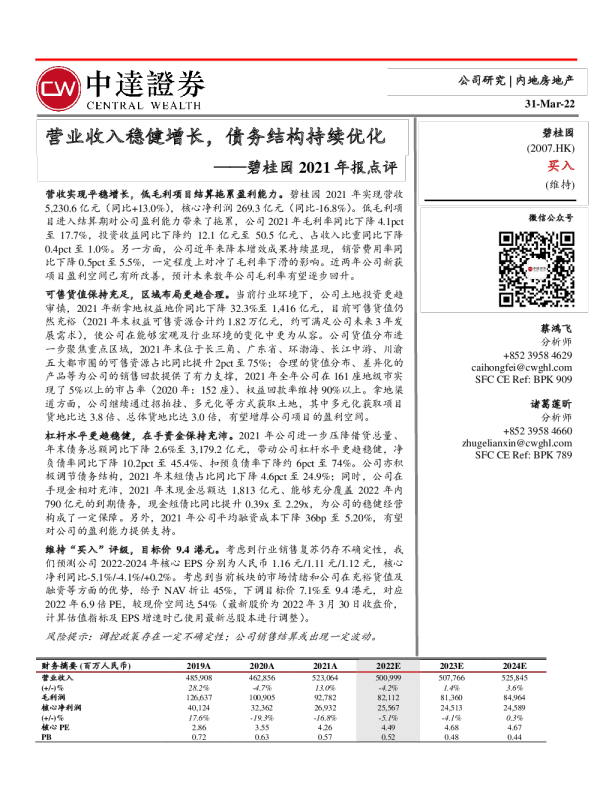 碧桂园2021年年报点评：营业收入稳健增长,债务结构持续优化