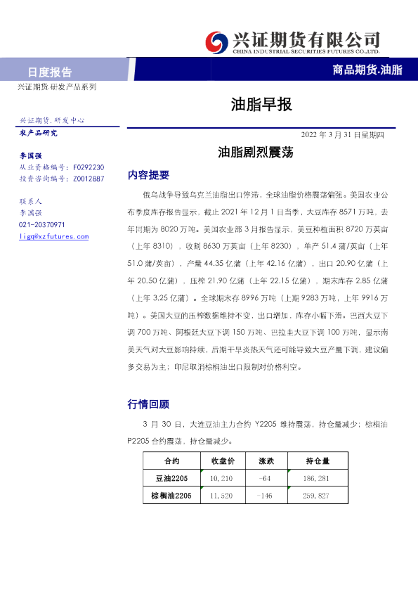 油脂早报：油脂剧烈震荡