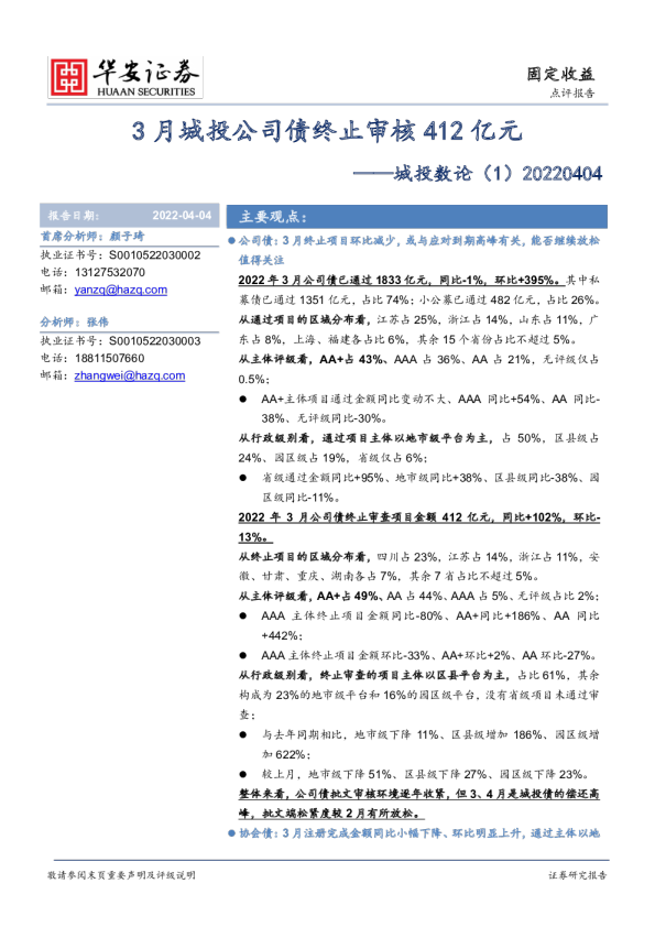 ：3月城投公司债终止审核412亿元