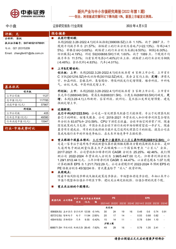 新兴产业与中小市值研究周报（2022年第1期）：创业、科创板成交额环比下降均超10%，新股上市破发比例高。
