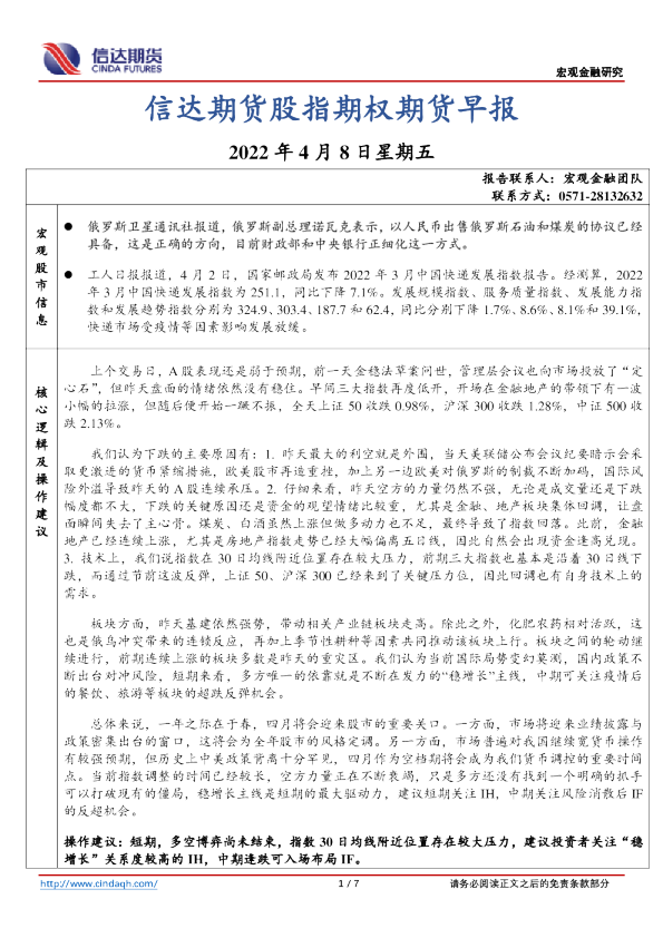 股指期权期货早报