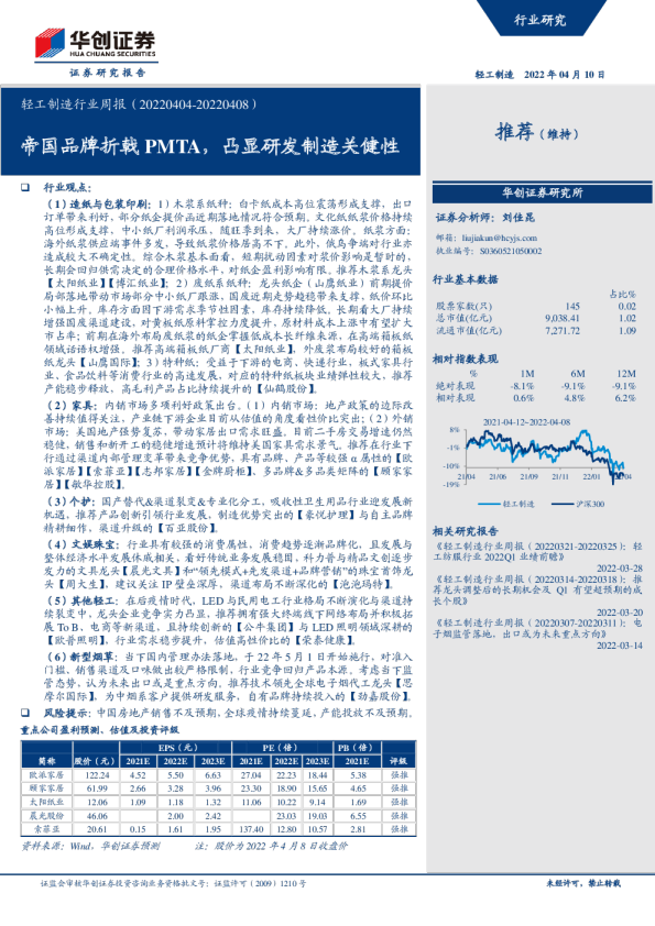轻工制造行业周报:帝国品牌折戟PMTA,凸显研发制造关健性