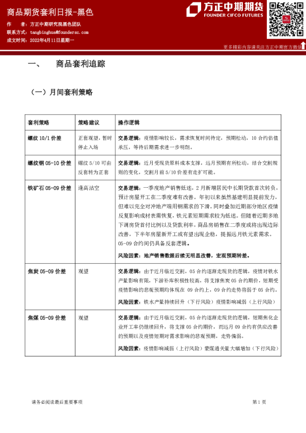 方正中期期货商品期货套利日报-黑色