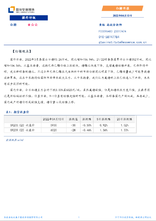 国投安信期货白糖日报