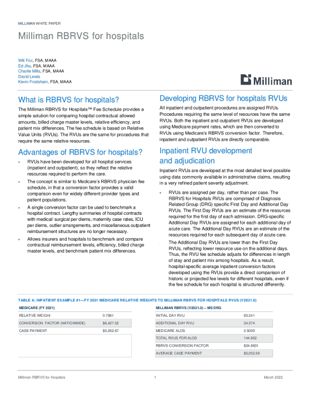 Milliman RBRVS用于医院