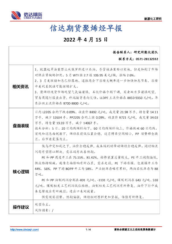 聚烯烃早报