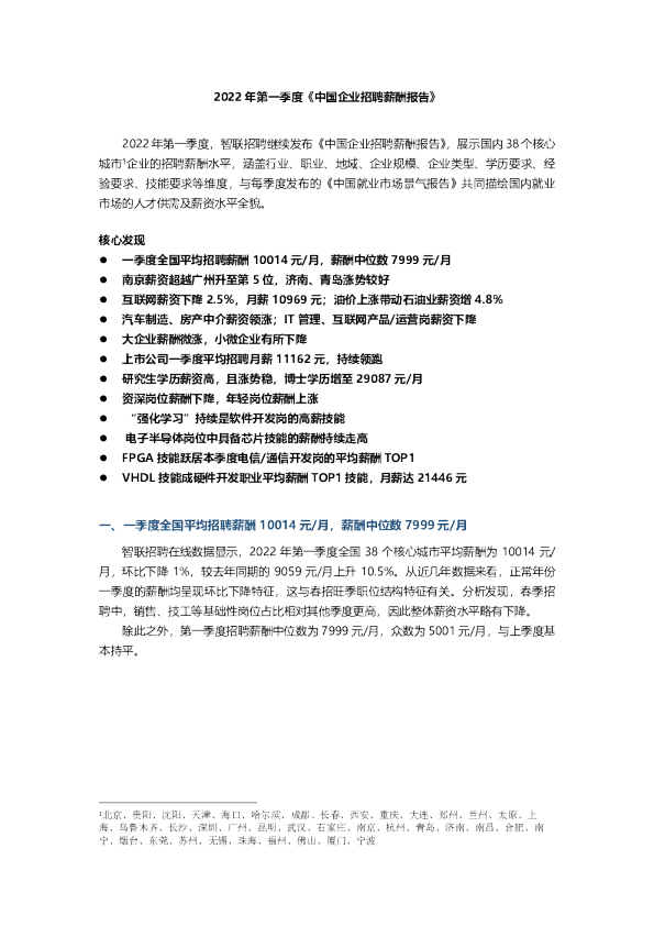 2022年第一季度中国企业招聘薪酬报告