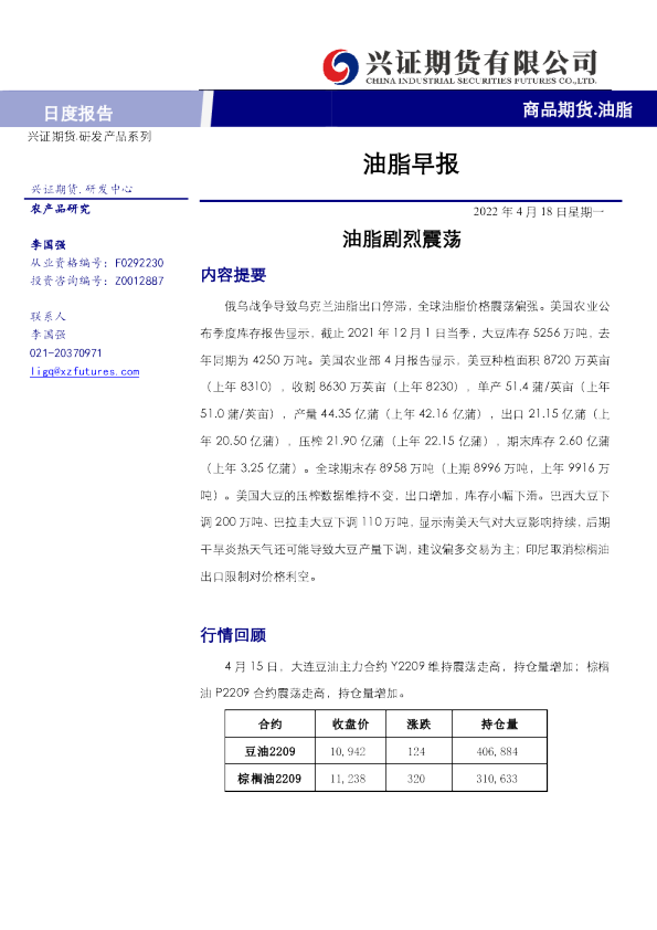 油脂早报：油脂剧烈震荡