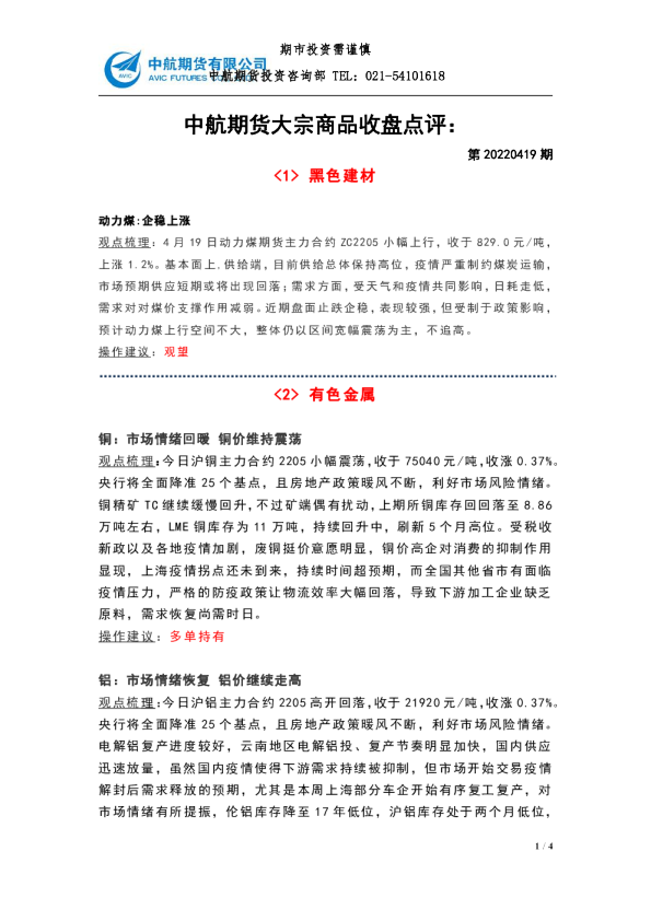 大宗商品收盘点评：第20220419期